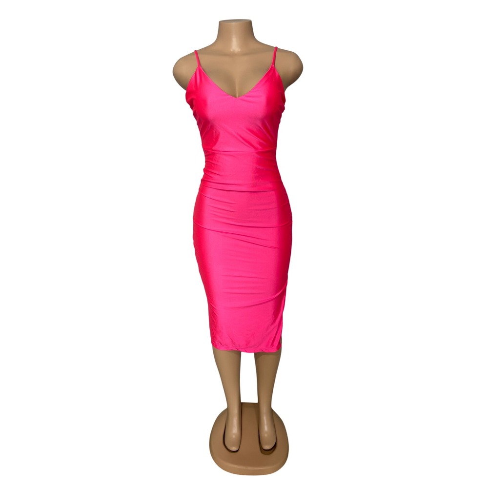 Windsor Neon Pink Bodycon Midi Dress V-Neck Spaghetti Strap Side Slit Small